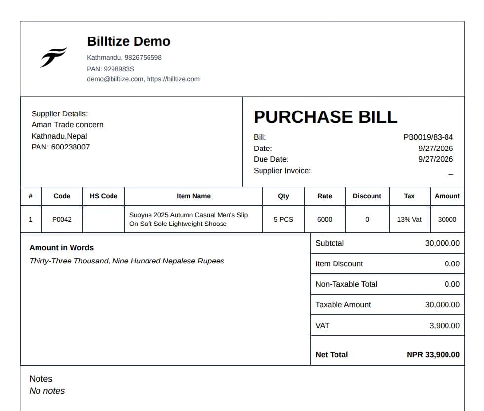 Billtize generated printable purchase bill and invoice format