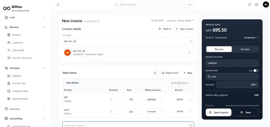 Billtize invoice creation screen showing line items, rates, and totals