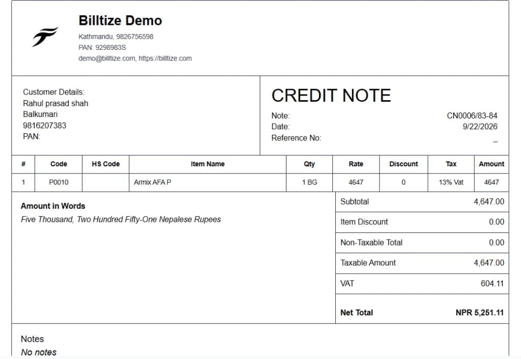Billtize credit note document layout with VAT breakdown and customer details