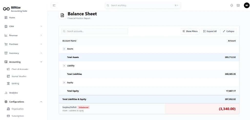 Billtize Balance Sheet report