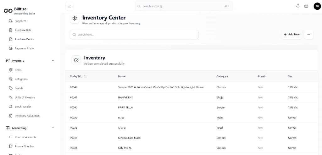 Billtize inventory management center showing items, categories, brands, and tax