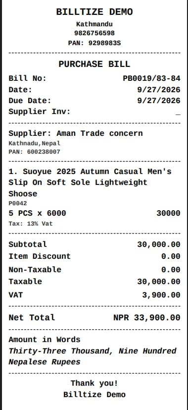 Billtize thermal receipt slip showing purchase bill items and VAT breakdown